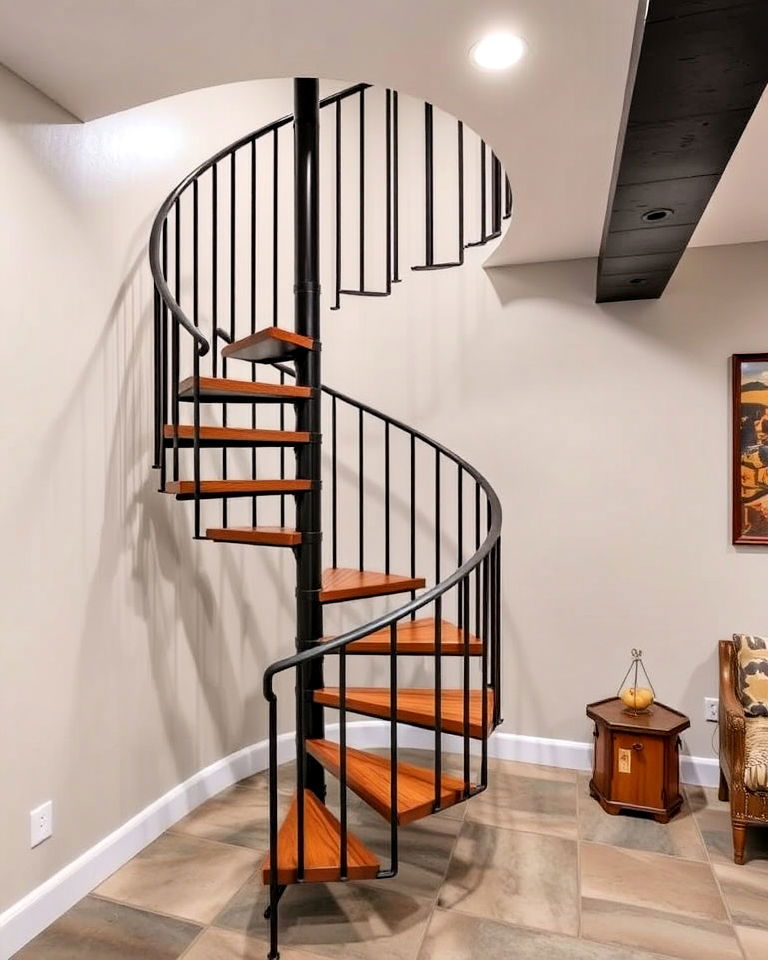 basement spiral stairs for space efficiency - 20 Basement Stair Ideas