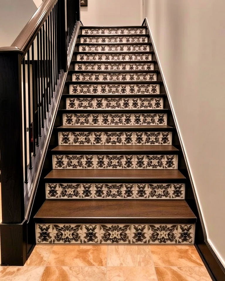 basement tiled stair risers for a decorative touch - 20 Basement Stair Ideas