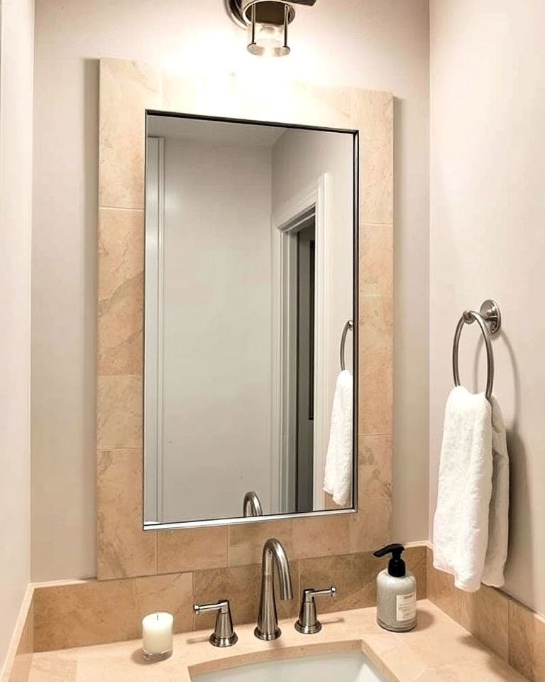 bathroom mirror with travertine accent tiles - 25 Travertine Bathroom Ideas