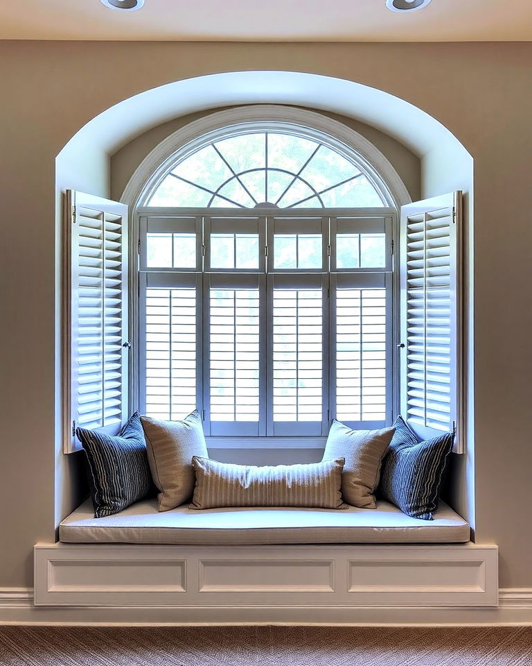 bay window bench with shutters for a cozy nook - 30 Bay Window Treatment Ideas