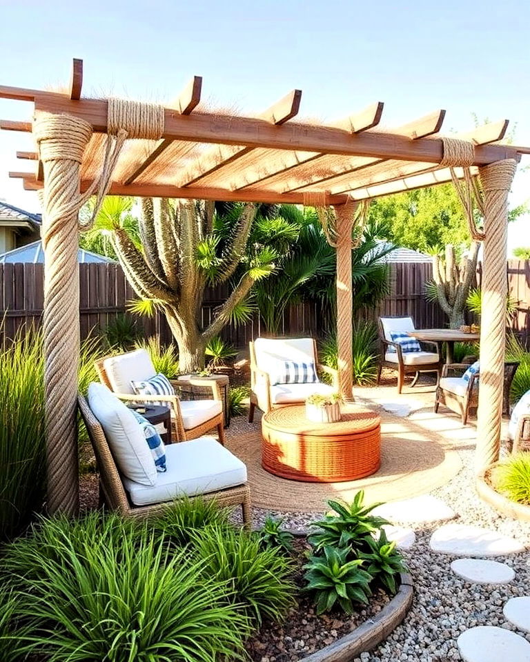beach inspired garden seagrass and rope details - 25 Coastal Landscaping Ideas