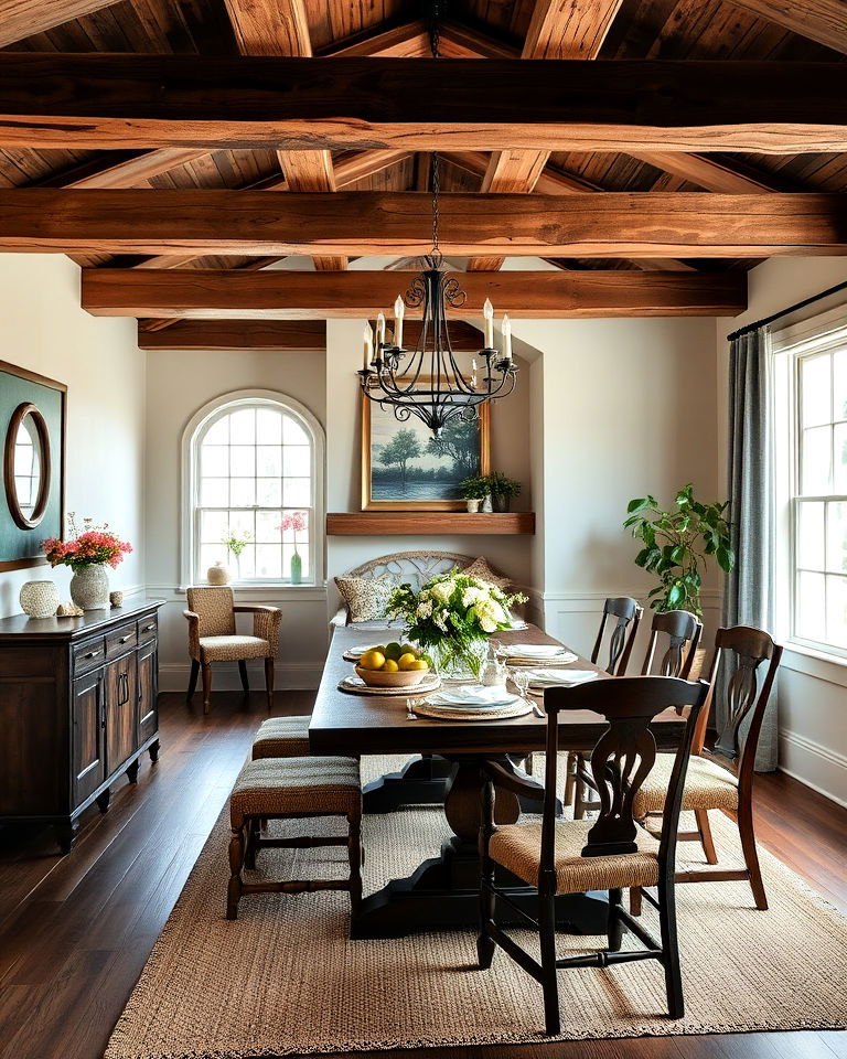beamed ceiling for rustic charm - 40 Cottagecore Dining Room Ideas