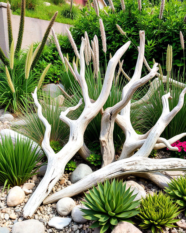 beautiful driftwood accents garden - 20 Seaside Themed Garden Ideas
