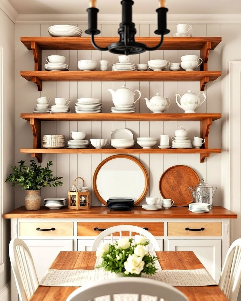 beautiful open shelving for display - 40 Cottagecore Dining Room Ideas