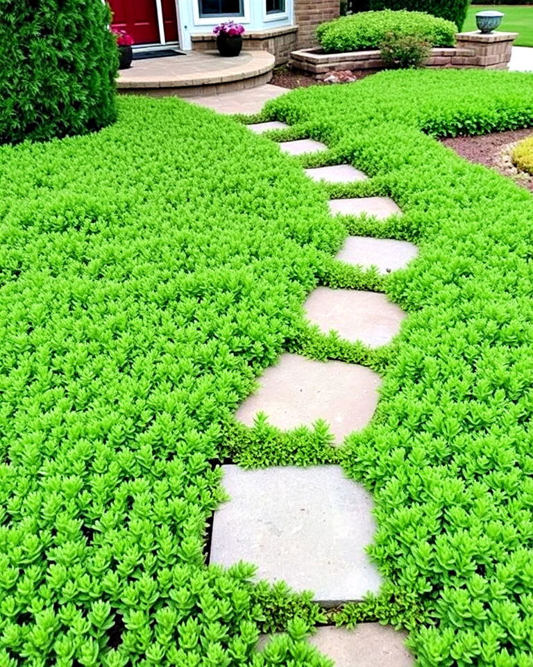 beautiful pathways with creeping juniper - 25 Front Yard Evergreen Landscaping Ideas