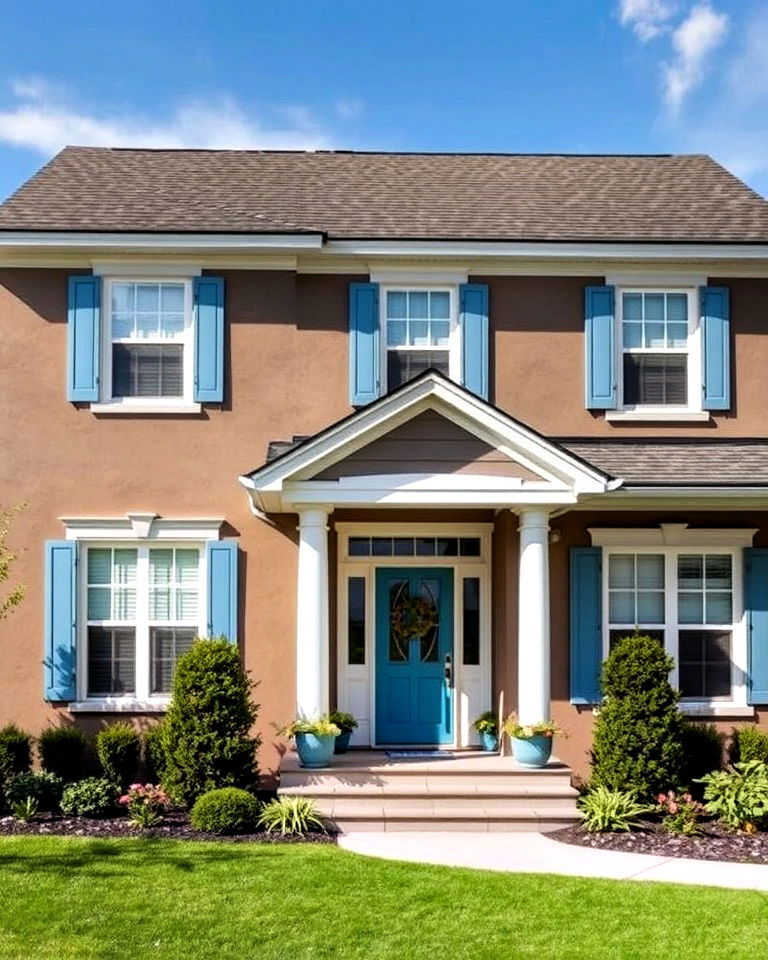 beautiful taupe exterior with light blue accents - 20 Exterior Taupe House Color Combinations