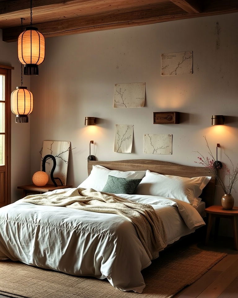 bedroom soft lighting for a tranquil glow - 15 Wabi Sabi Bedroom Ideas