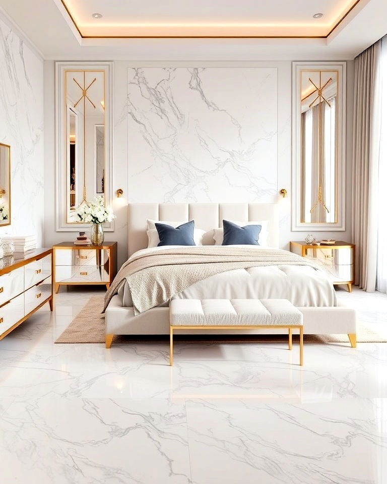 bedroom with marble look vinyl flooring - 15 Vinyl Flooring Bedroom Ideas