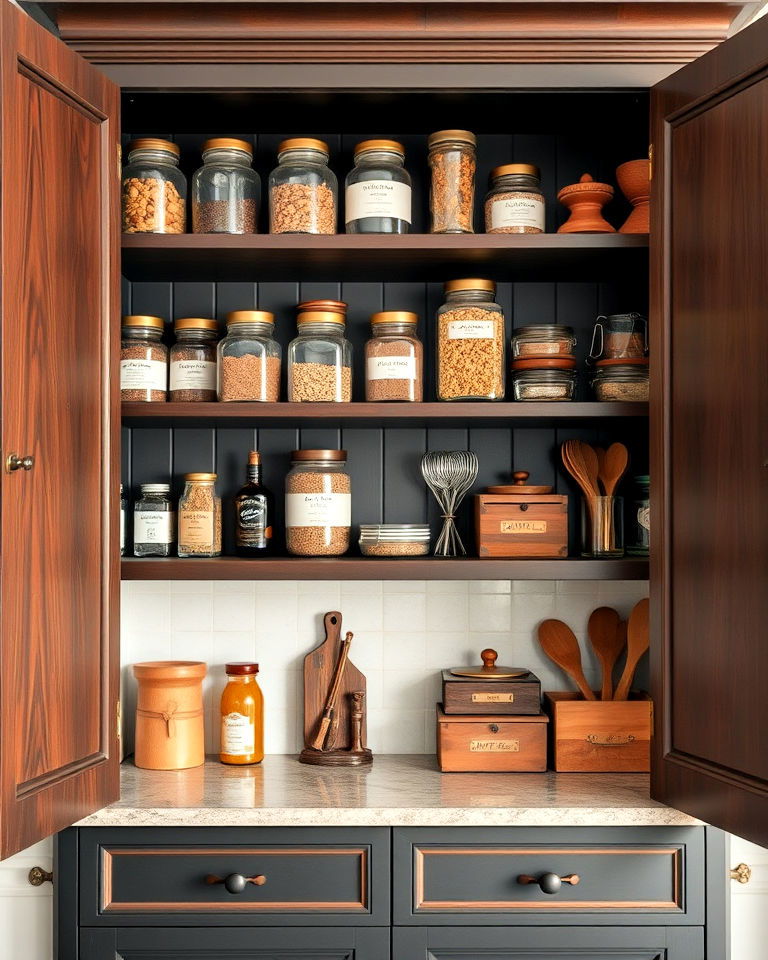behind cabinet door apothecary inspired storage - 25 Dark Academia Kitchen Ideas