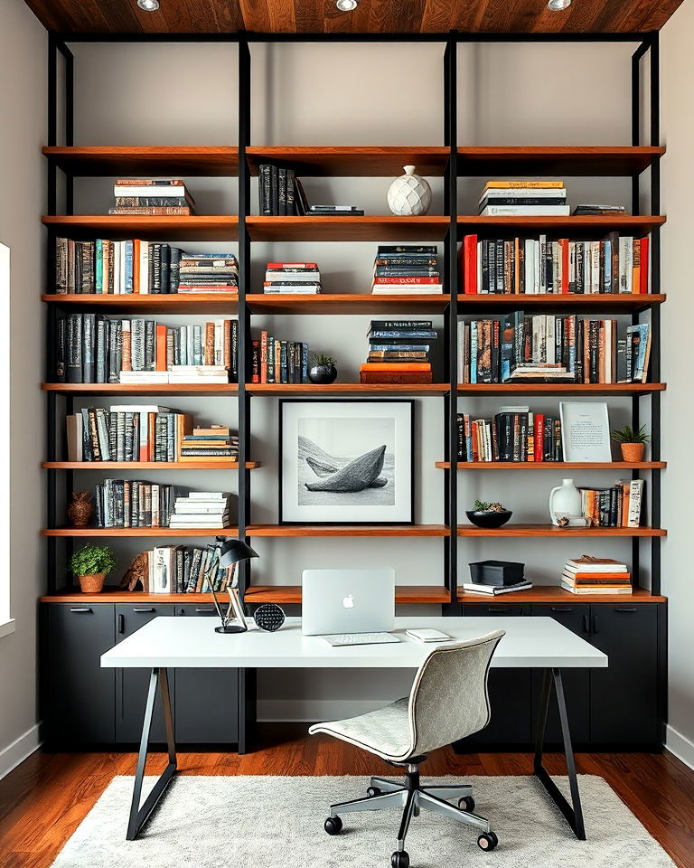 behind your desk display floor to ceiling shelves - 25 Contemporary Home Office Ideas