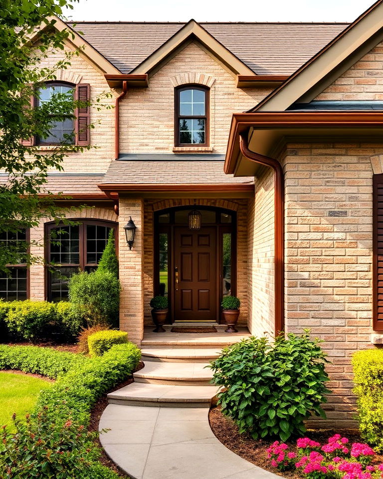 beige brick with copper accents exterior home - 25 Beige Brick Exterior Home Ideas