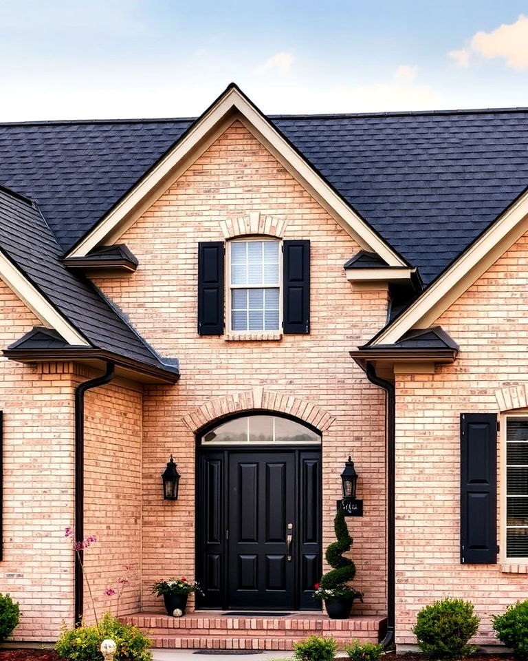 beige brick with dark roof shingles exterior home - 25 Beige Brick Exterior Home Ideas