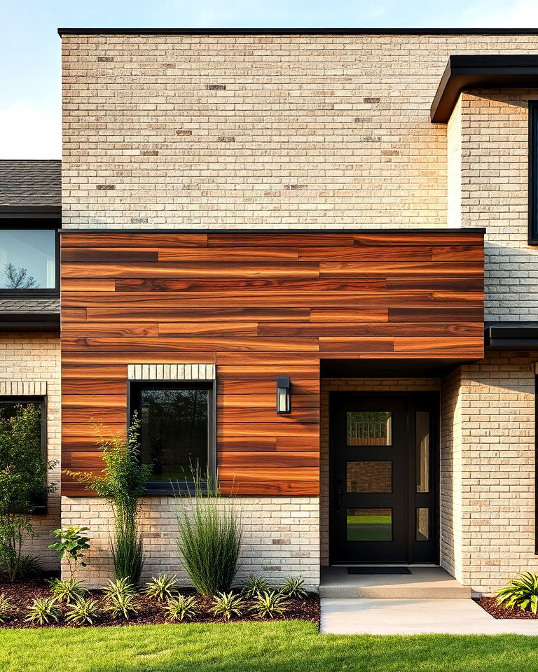 beige brick with horizontal wood paneling exterior home - 25 Beige Brick Exterior Home Ideas