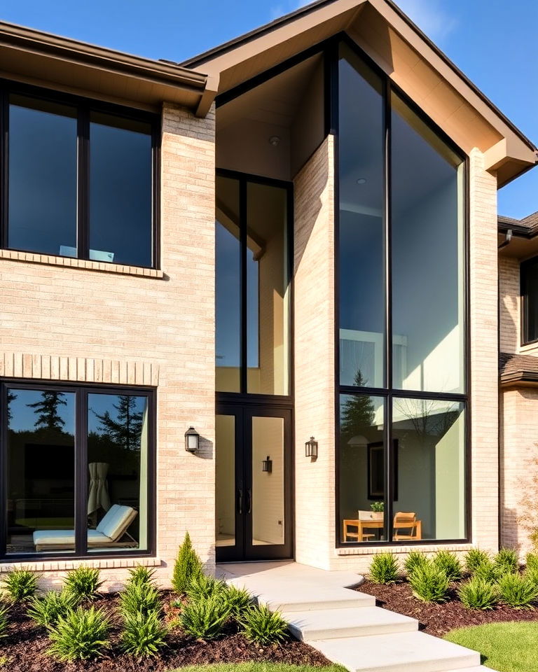 beige brick with large windows exterior home - 25 Beige Brick Exterior Home Ideas