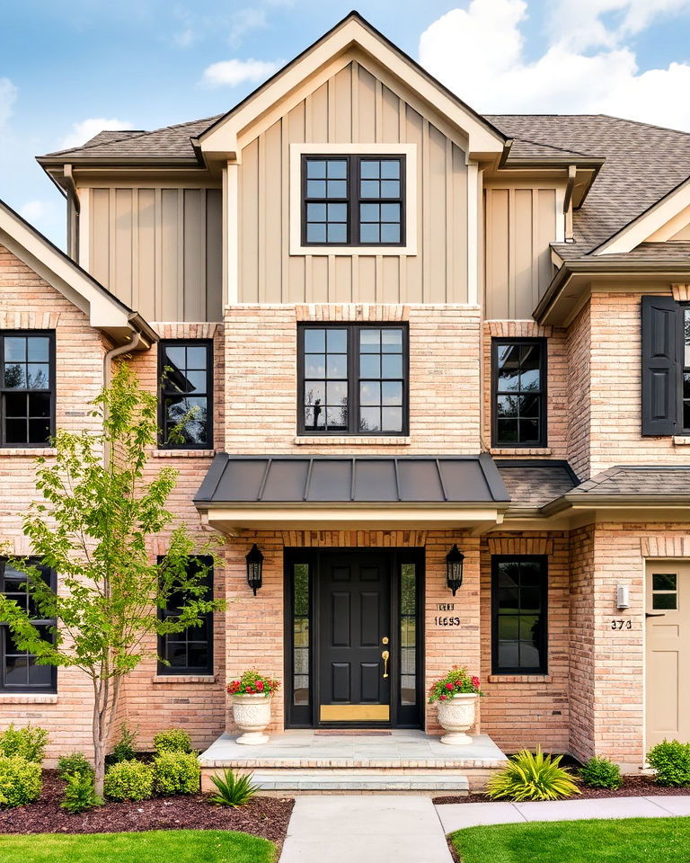 beige brick with vertical siding exterior home - 25 Beige Brick Exterior Home Ideas