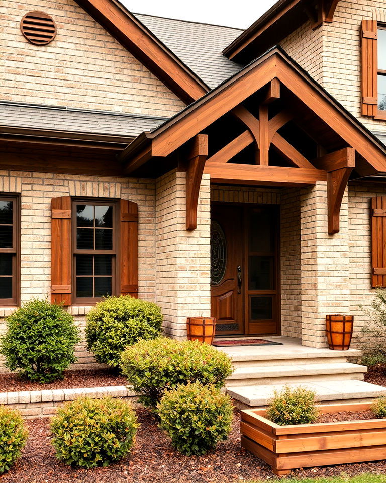 beige brick with wood accents exterior home - 25 Beige Brick Exterior Home Ideas
