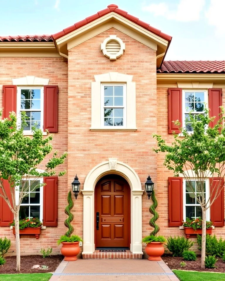 beige trim and terracotta accents for blonde brick home - 25 Blonde Brick House Color Schemes
