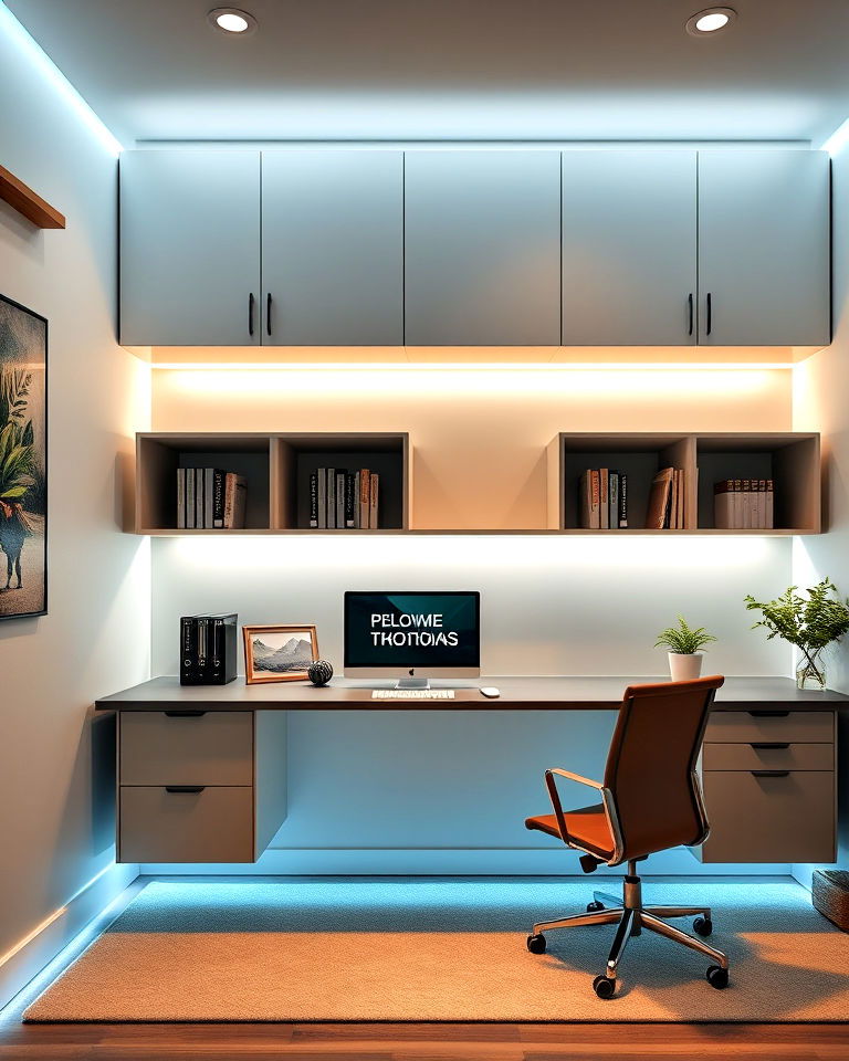beneath floating cabinets add led strip lighting - 25 Contemporary Home Office Ideas