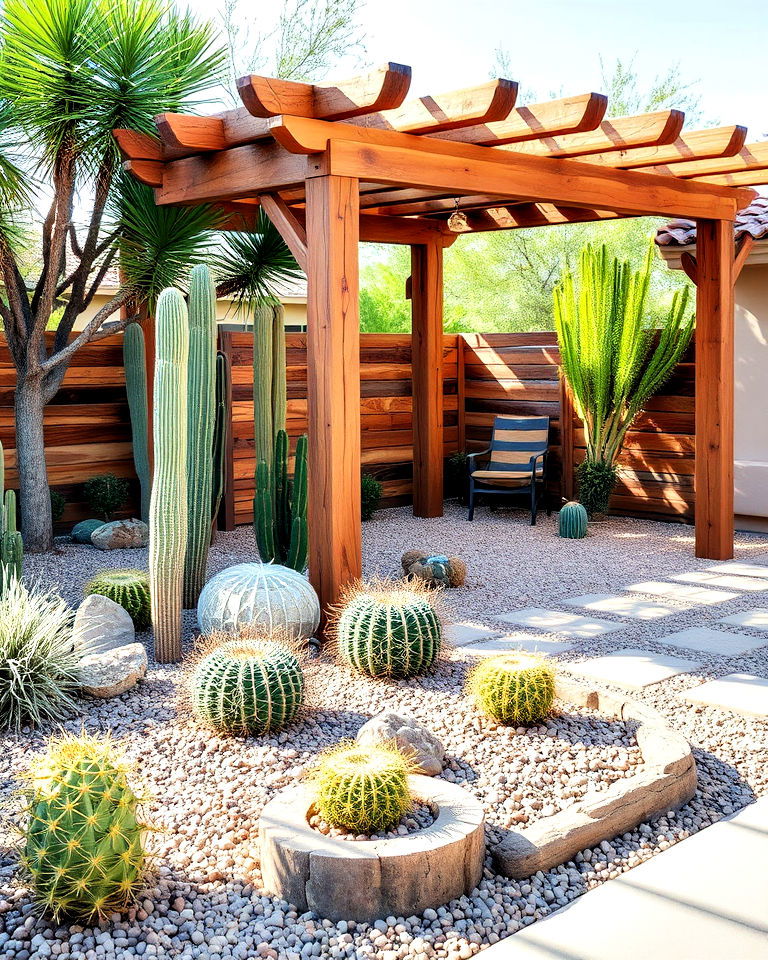 beside desert inspired plants rustic wooden elements - 25 Arizona Front Yard Landscaping Ideas