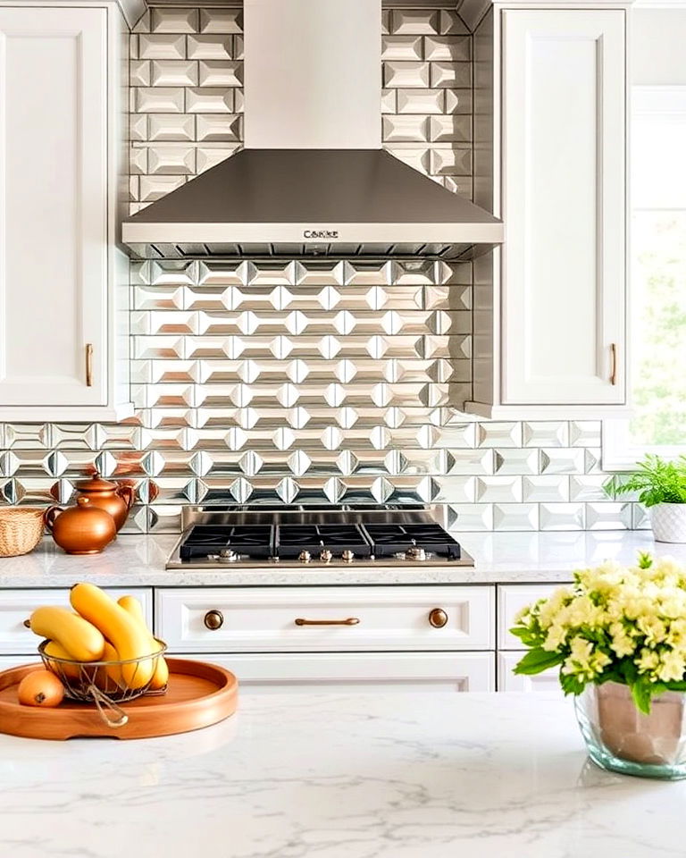 beveled mirror tiles for subtle dimension - 25 Mirrored Backsplash Kitchen Ideas