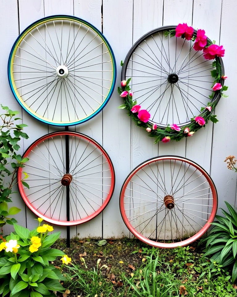 bicycle wheel art to any outdoor space - 15 Old Bicycle Garden Ideas