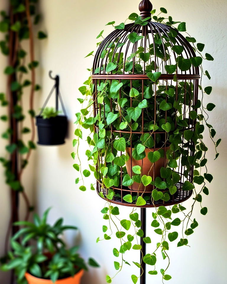 bird cage filled with hanging vines - 15 Bird Cage Planter Ideas