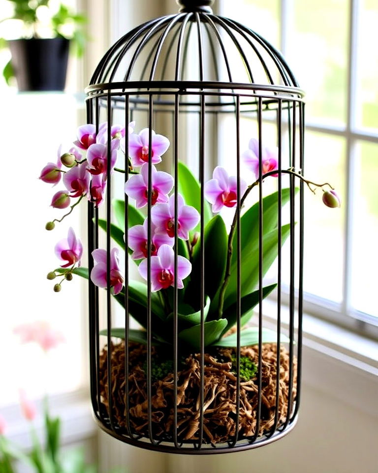 bird cage hanging basket for orchids - 15 Bird Cage Planter Ideas