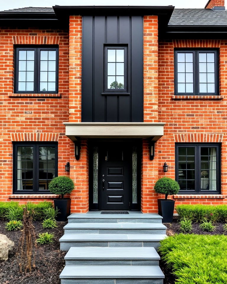 black accent wall with red brick exposed elements house - 20 Red Brick House with Black Trim Design Ideas