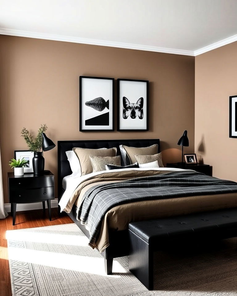 black accents into a khaki bedroom - 15 Khaki Bedroom Ideas-captions