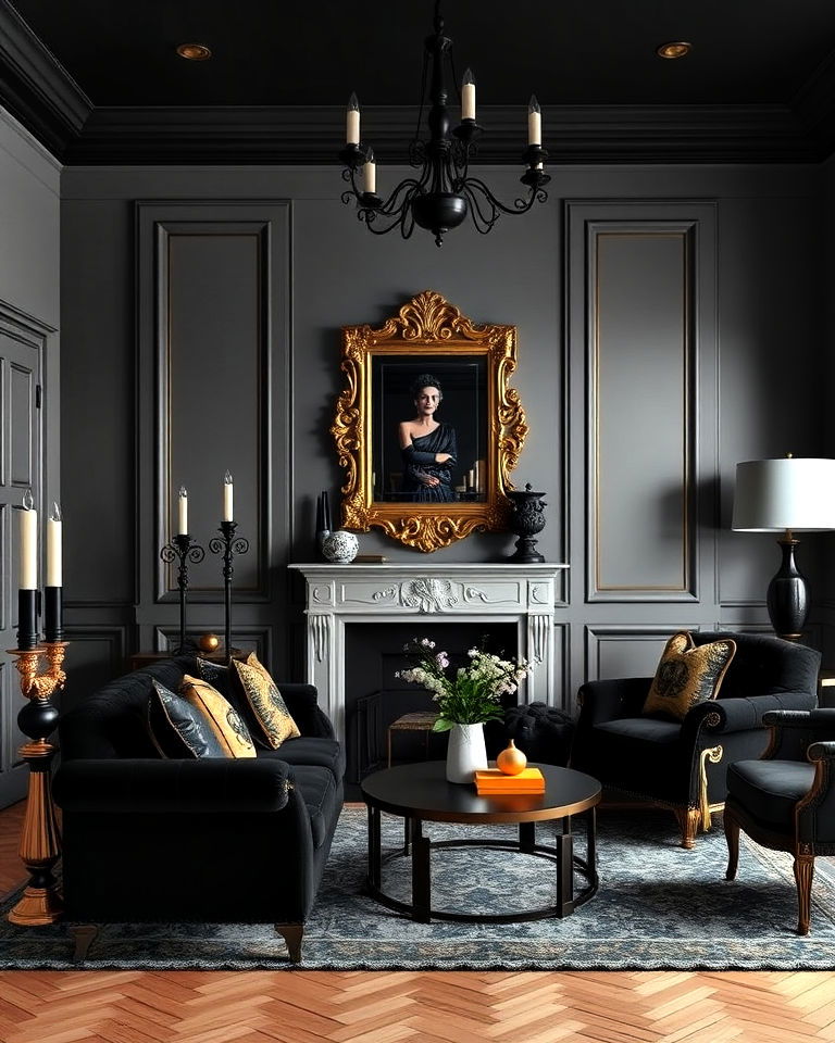 black and gold accents whimsigoth living room - 20 Whimsigoth Living Room Ideas