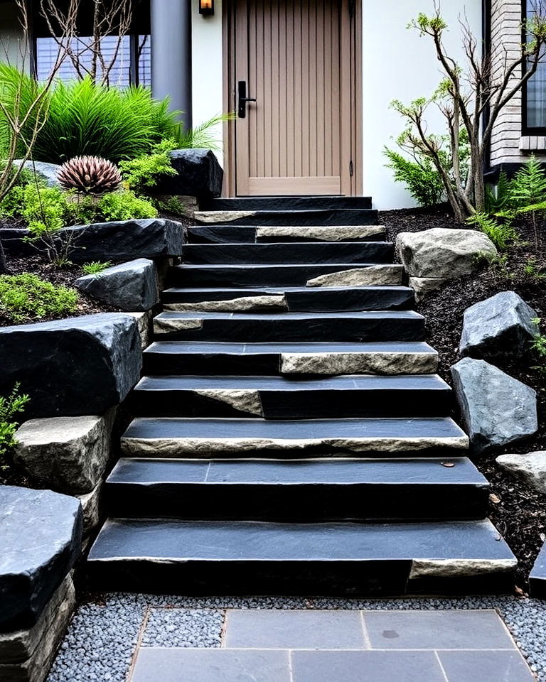 black and natural stone steps for japandi house - 15 Japandi House Exterior Ideas