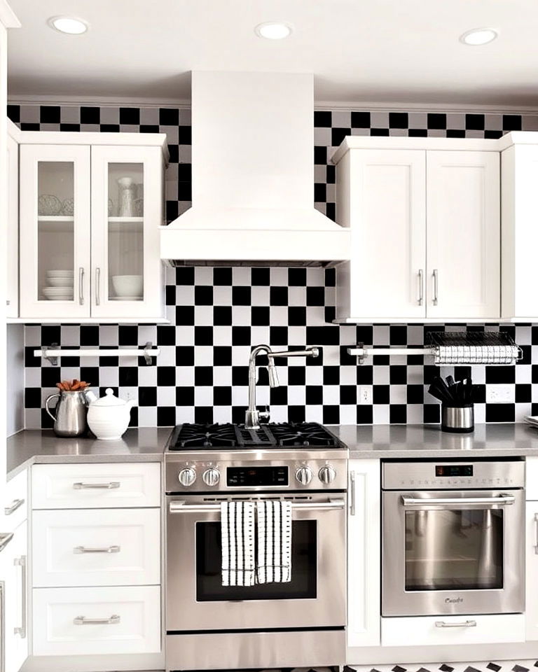 black and white checkerboard backsplash for retro charm - 20 White Kitchen With Black Backsplash Ideas