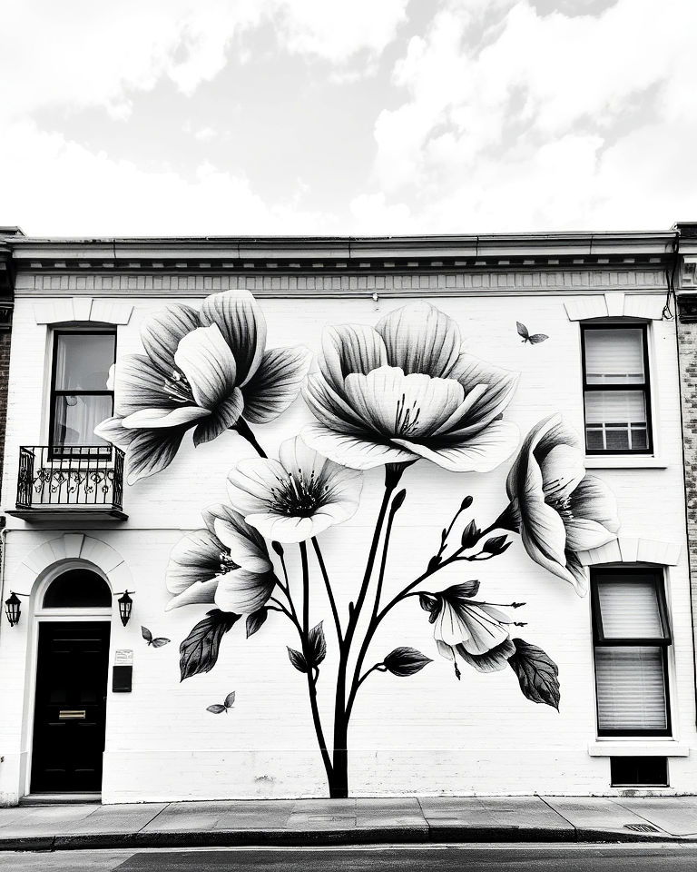 black and white flower mural - 15 Flower Murals on Buildings