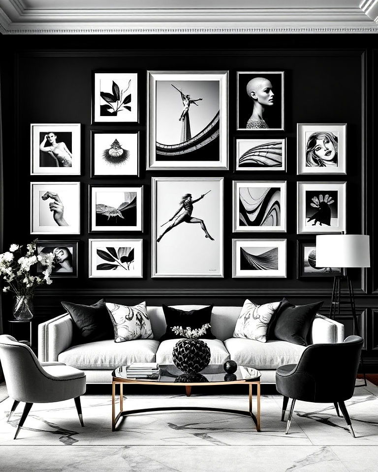 black and white gallery wall in living room - 20 Luxury Black and White Living Room Ideas