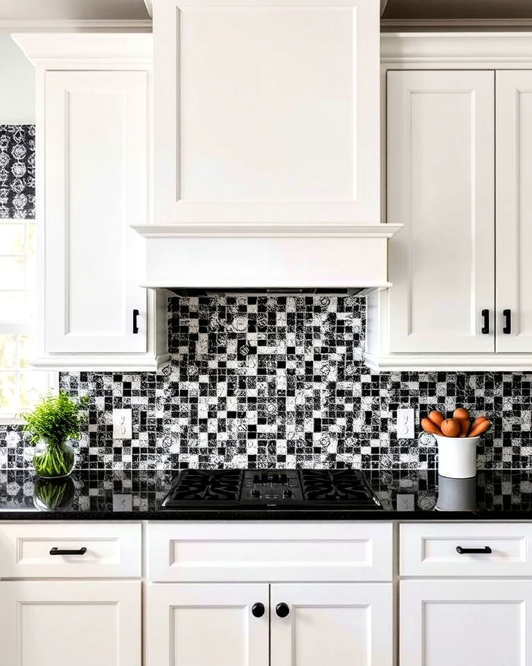 black and white mosaic patterns for artful design - 20 White Kitchen With Black Backsplash Ideas