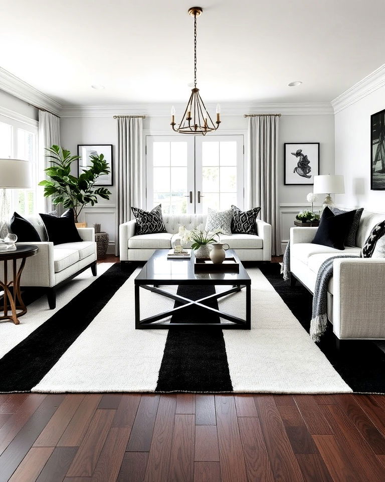 black and white striped rug for living room - 20 Luxury Black and White Living Room Ideas