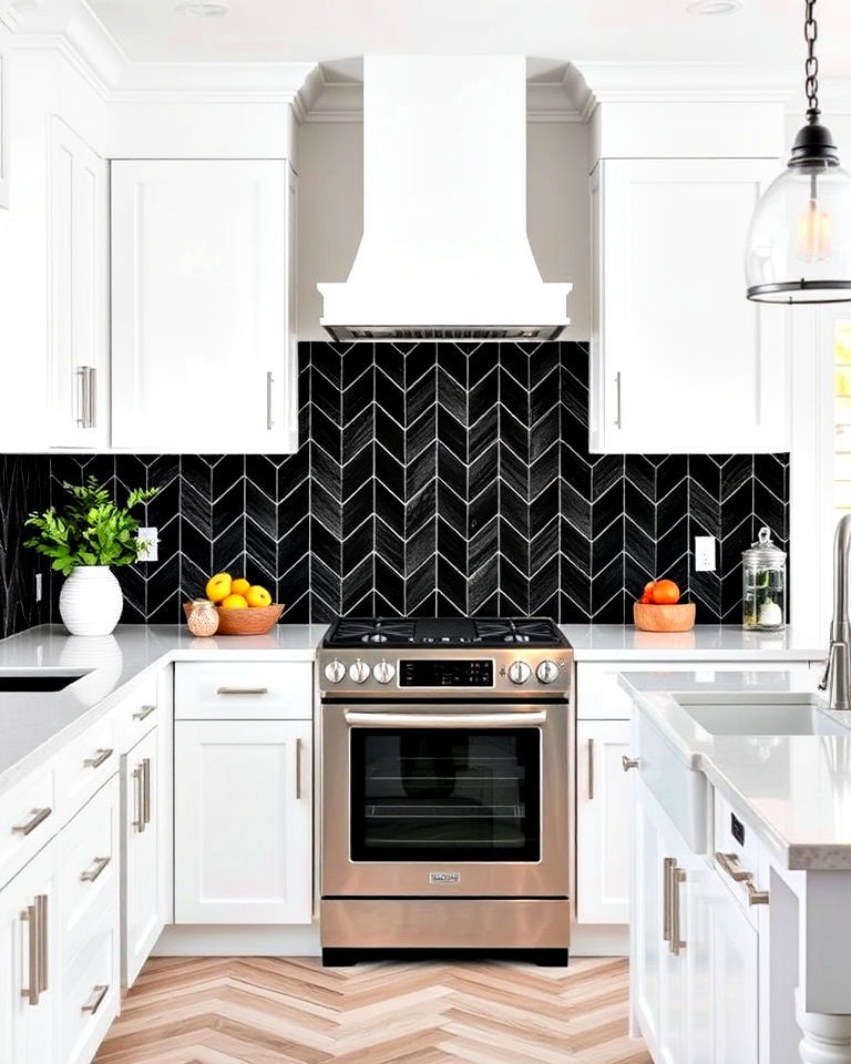 black chevron tiles for dynamic appeal - 20 White Kitchen With Black Backsplash Ideas