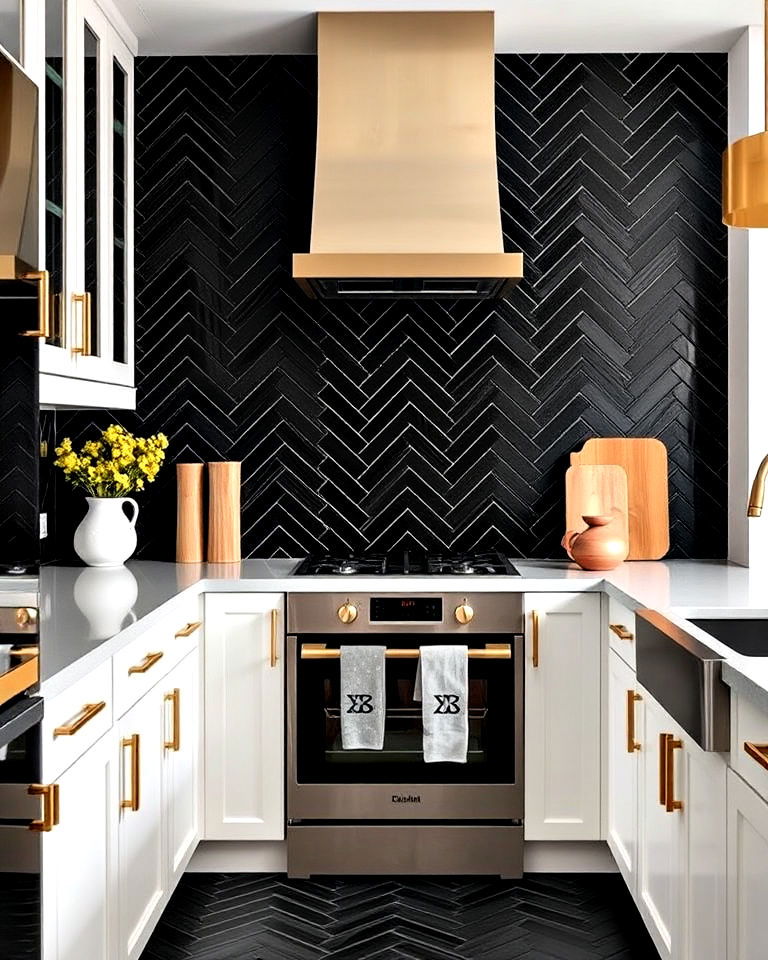 black chevron tiles for dynamic elegance - 20 Kitchens With Dark Backsplashes