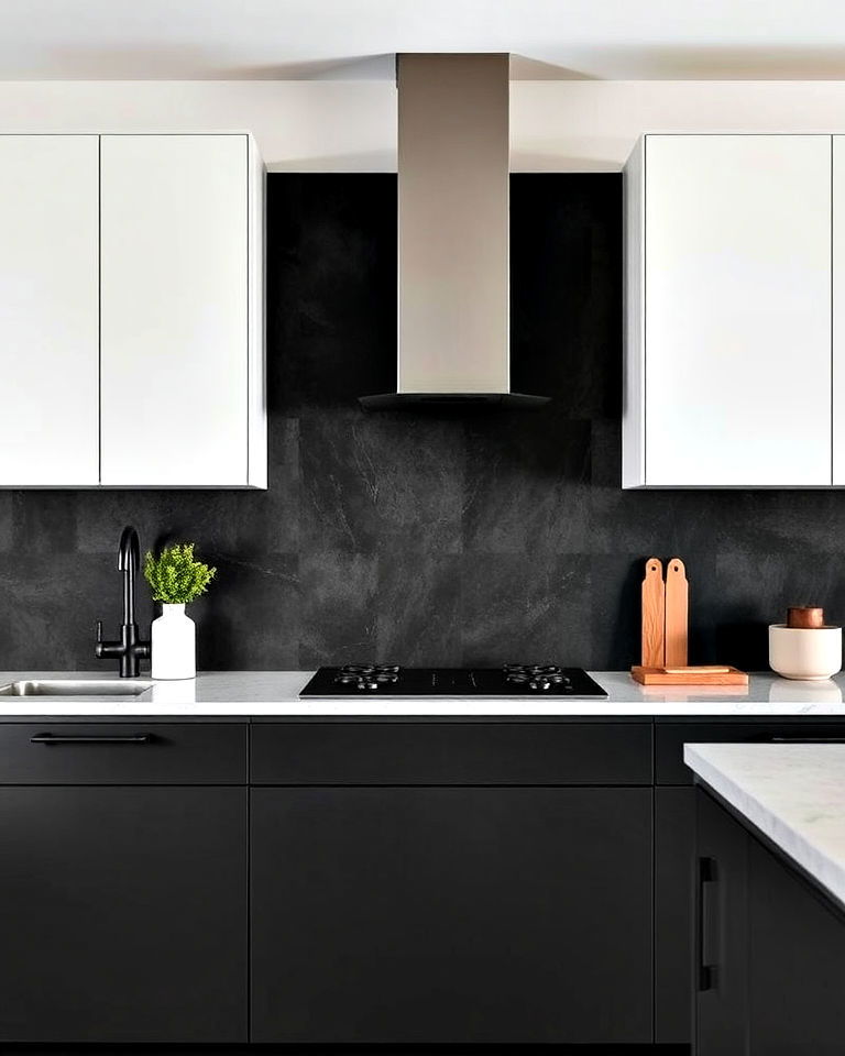 black concrete panels for sleek minimalism - 20 Kitchens With Dark Backsplashes