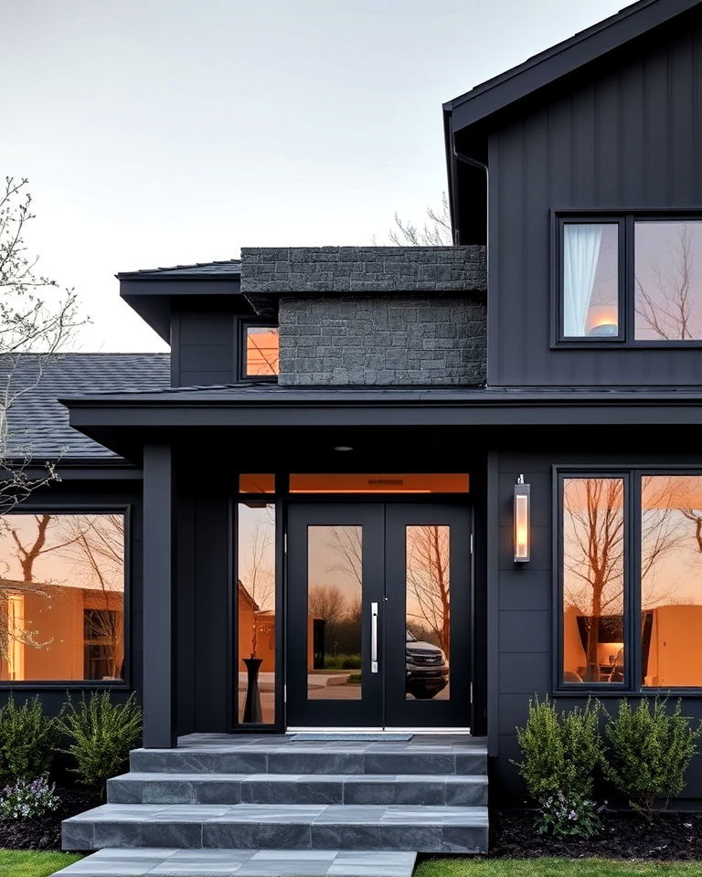 black exterior with glass front door and windows - 30 Modern Black Houses