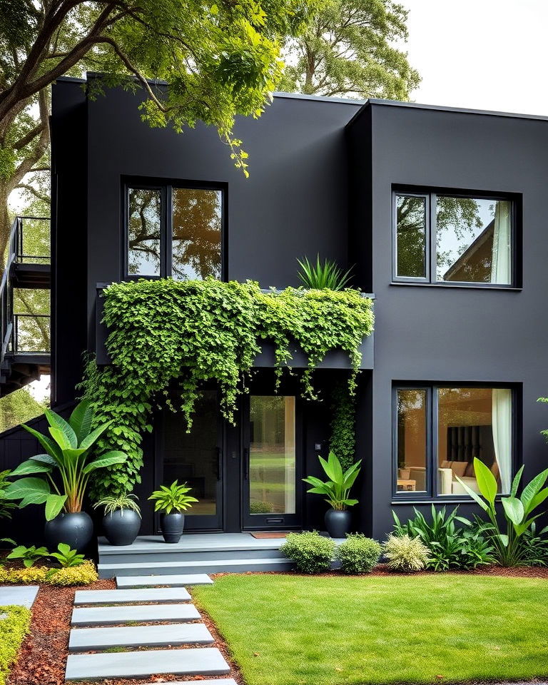 black exterior with potted plants and vines - 30 Modern Black Houses