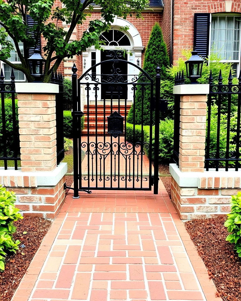 black fence and gate with a red brick pathway - 20 Red Brick House with Black Trim Design Ideas