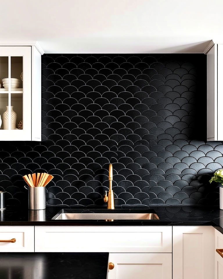 black fish scale tiles for unique texture - 20 Kitchens With Dark Backsplashes