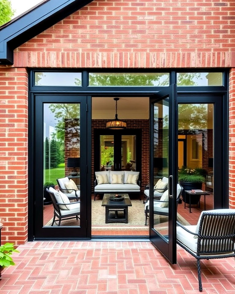 black framed glass doors for red brick patio - 20 Red Brick House with Black Trim Design Ideas