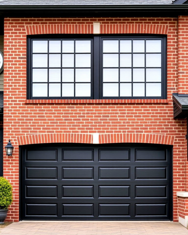 black garage trim with red brick walls - 20 Red Brick House with Black Trim Design Ideas