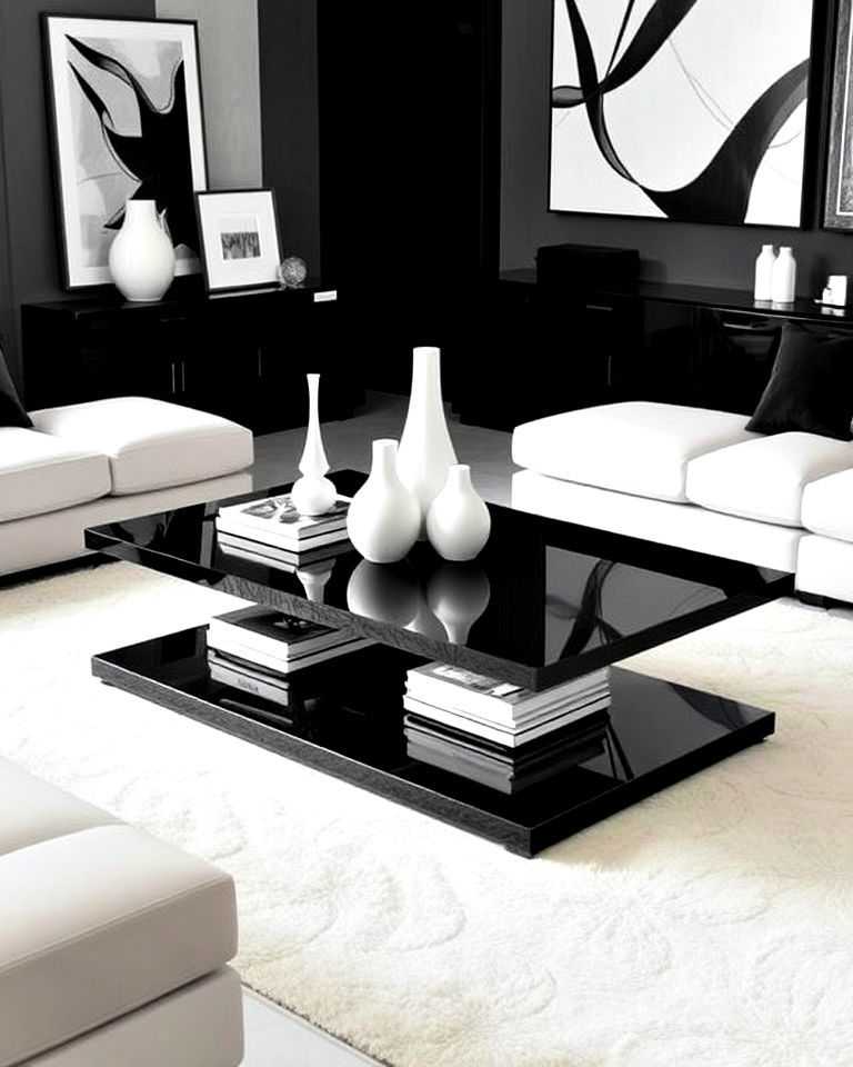black glass coffee table - 20 Luxury Black and White Living Room Ideas