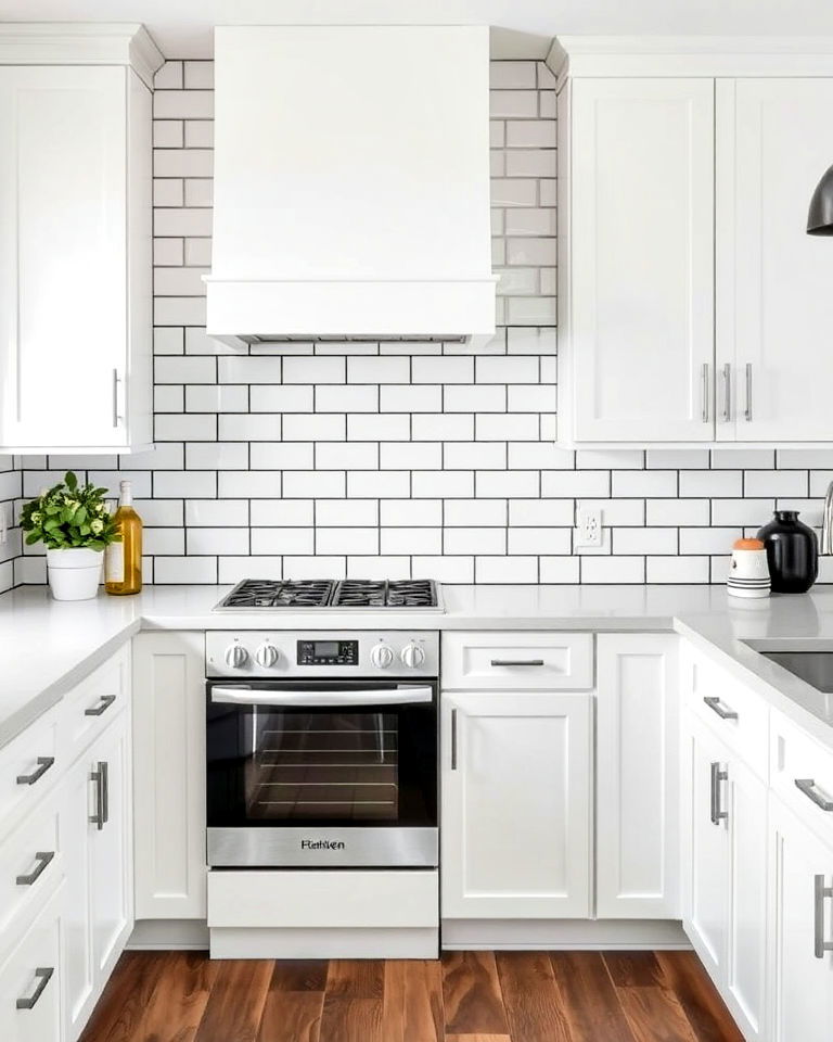 black grout with white subway tiles for contrast - 20 White Kitchen With Black Backsplash Ideas