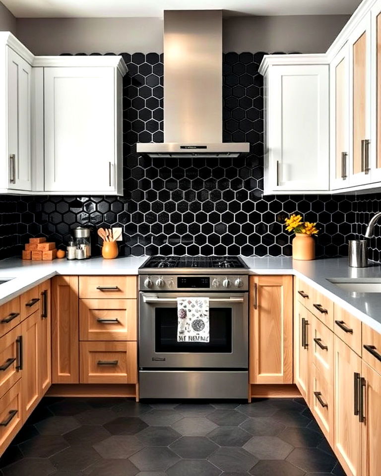 black hexagonal tiles bring a playful geometric element - 20 Kitchens With Dark Backsplashes