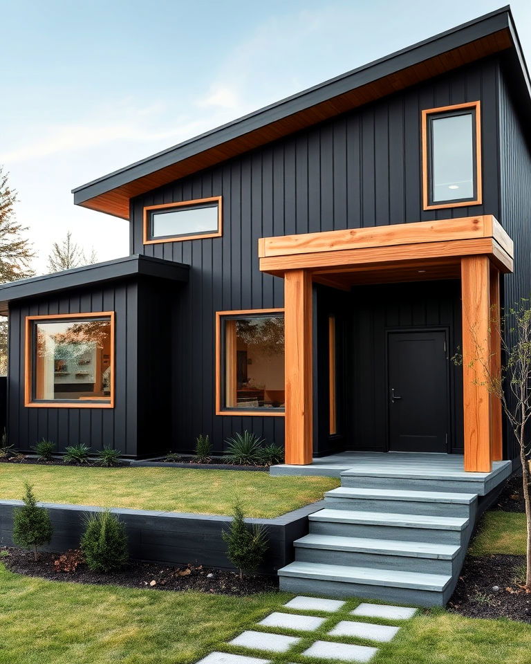 black house with natural wood acents - 30 Modern Black Houses