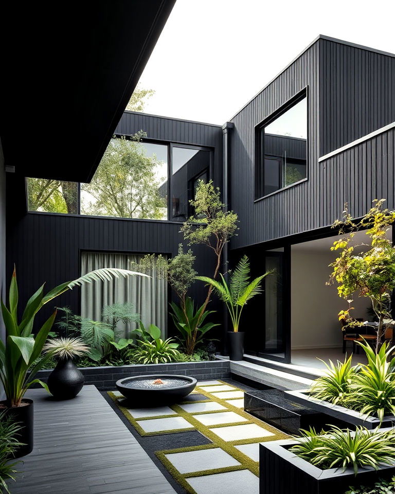 black house with open air tranquil courtyard - 30 Modern Black Houses